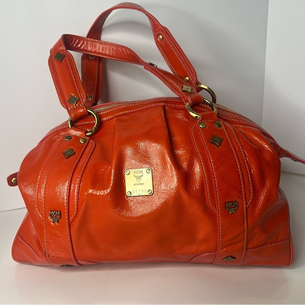 MCM Orange‎ Patent Leather Top Zipper Silver Studded Accent Satchel/Handbag 🧡